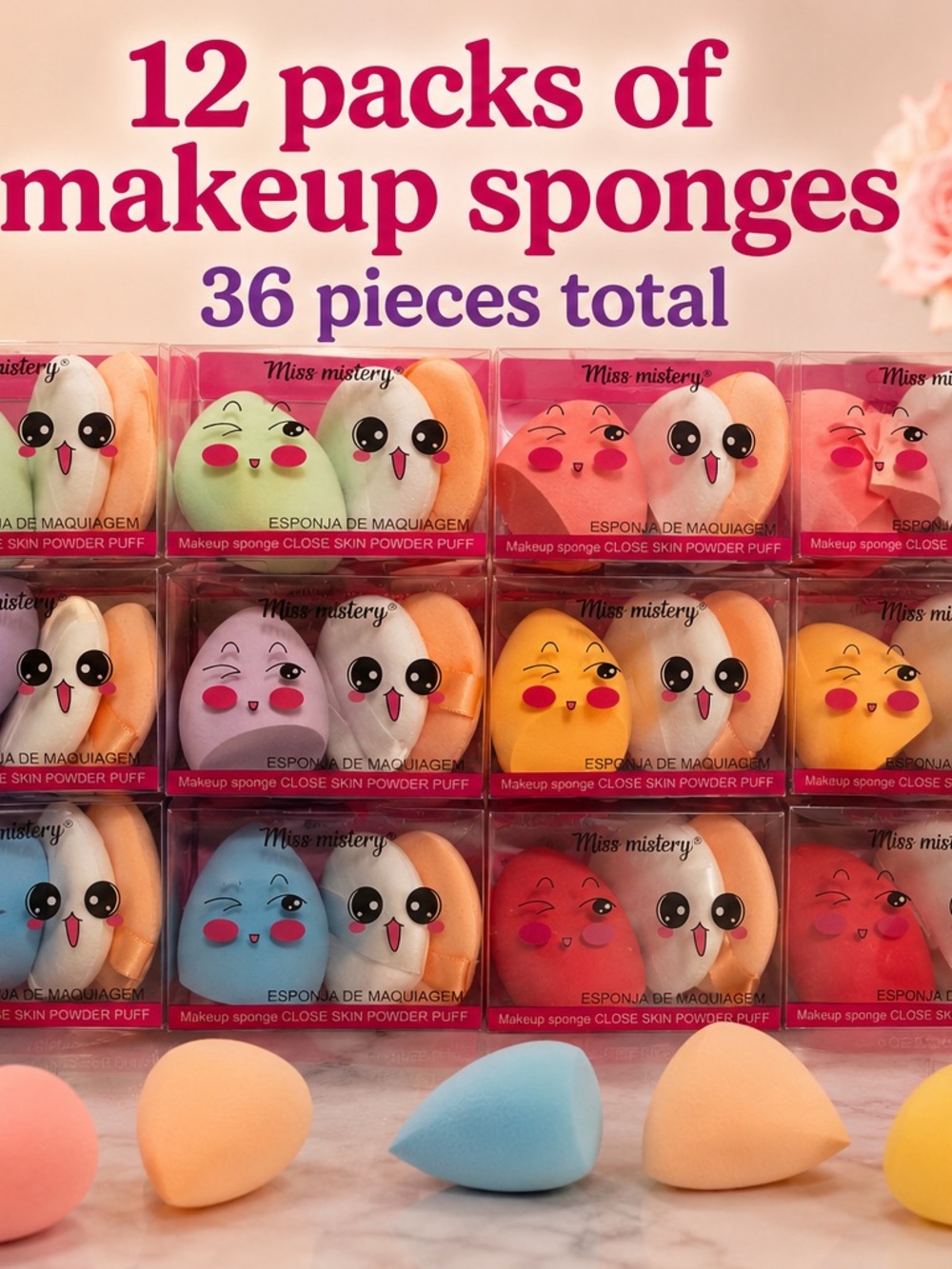 12-Pack Colorful Makeup Sponge Sets (Peach, Blue, Yellow, Pink, purple) Bundle